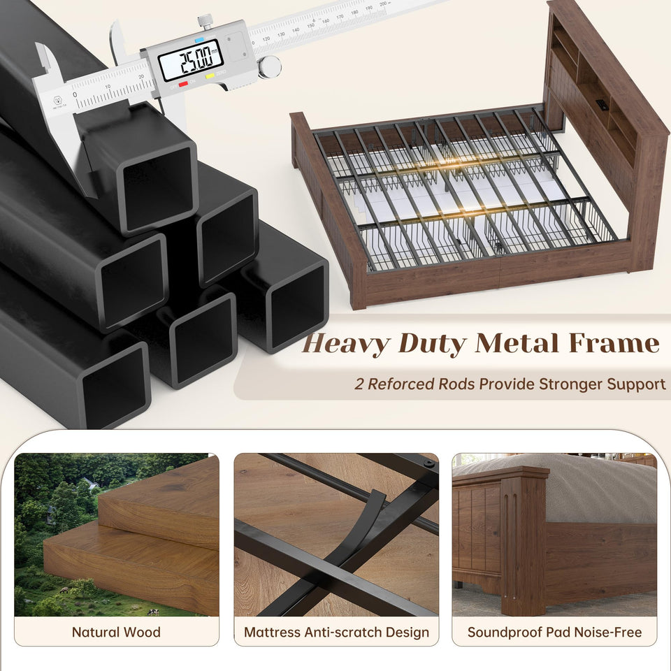 EnHomee King Size Bed Frame and Headboard & Storage, 4 Drawers and LED Built in Charging Station King Bed Frame with Storage Farmhouse,NO Noise,No Box Spring Needed,White
