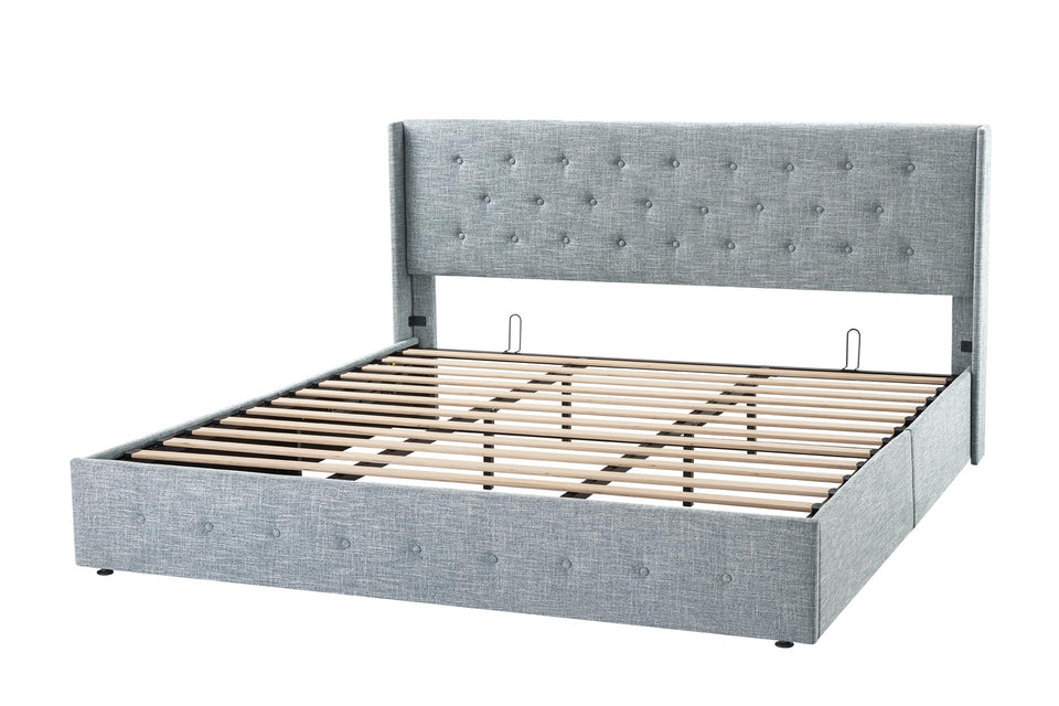 Allewie King Size Lift Up Storage Bed, Modern Wingback Headboard, Hydraulic Support, No Box Spring Needed, Light Beige