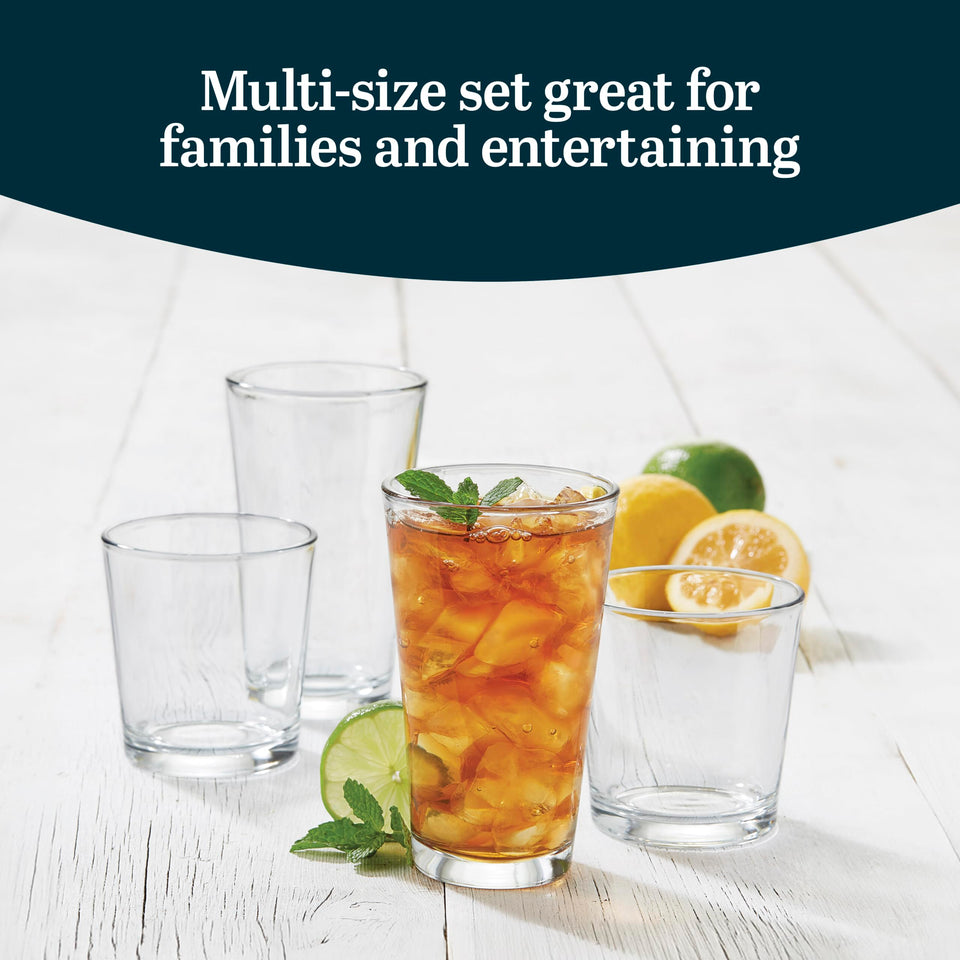 Libbey Ascent Tumbler and Rocks Drinking Glasses Set of 16, Glass Drinking Glasses with Curvature, Versatile Glassware Set for Parties and More