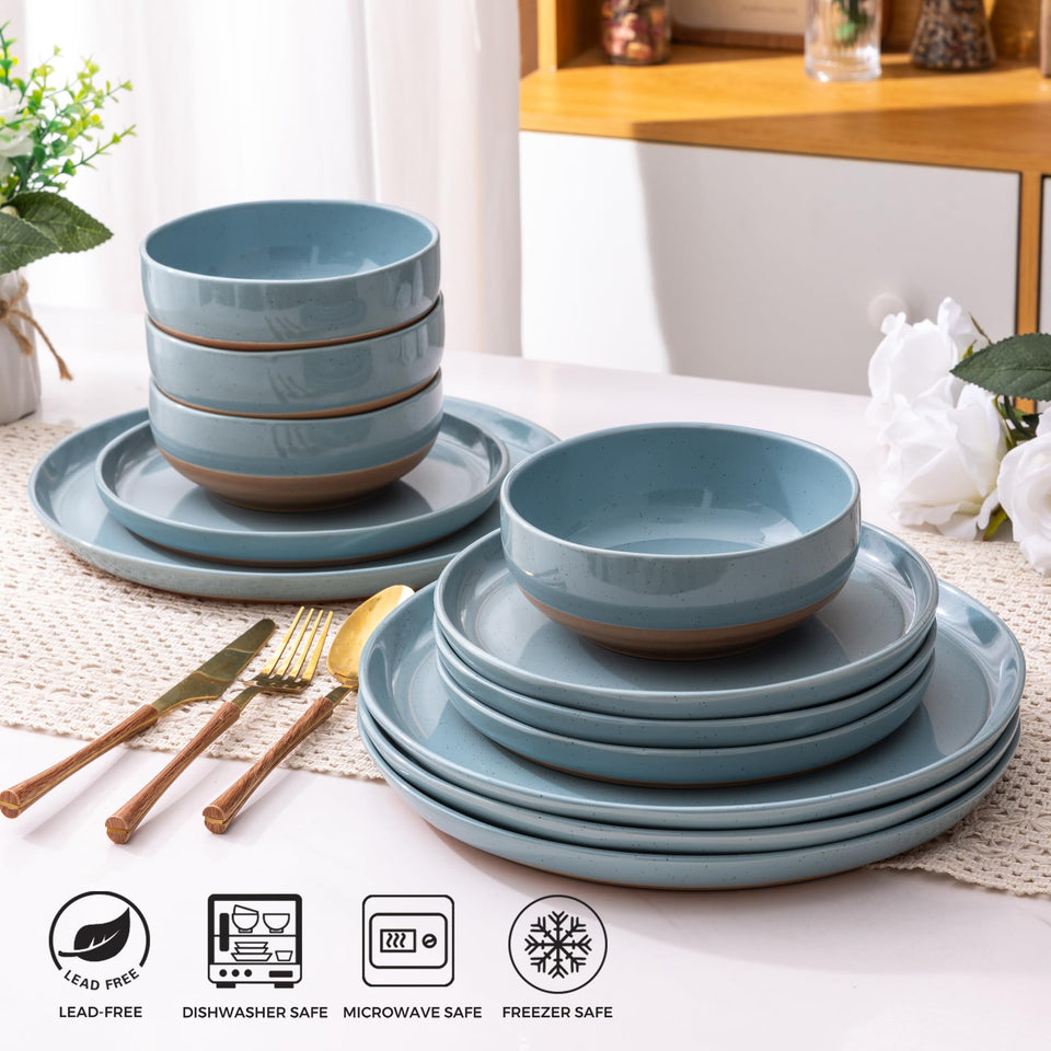 AmorArc Ceramic Dinnerware Sets for 8, 24 Pieces Handpainted Plates and Bowls Set with Rustic Terracotta Underside, Scratch Resistant Stoneware Dishes Set, Dishwasher & Microwave Safe, Light Beige