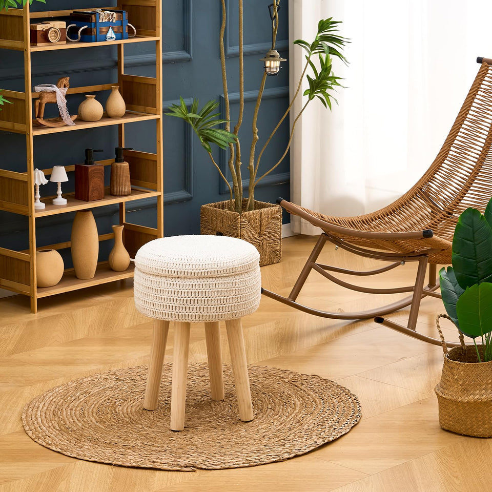 Wimarsbon Pouf Ottoman, 100% Cotton Knitted Boho Footstool, Round Footrest with Non-Skid Wood Legs, Home Décor Handmade Pouffe, Leisure Floor Step Stool for Living Room (Beige)