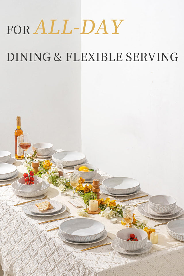 FOBENTA 24 Piece Dinnerware Sets for 8, Premium Stoneware Plates and Bowls Sets, Microwave & Dishwasher Safe, Elegant Dishes for Entertaining & Special Occasions – A Stunning Gift for Large Families