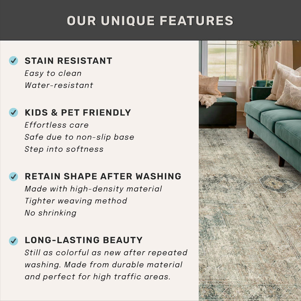 Neutral Living Room Rug - 10x14 Farmhouse Beige Brown Large Area Rug for Dining Room, Bedroom, Low Pile Lightweight Washable