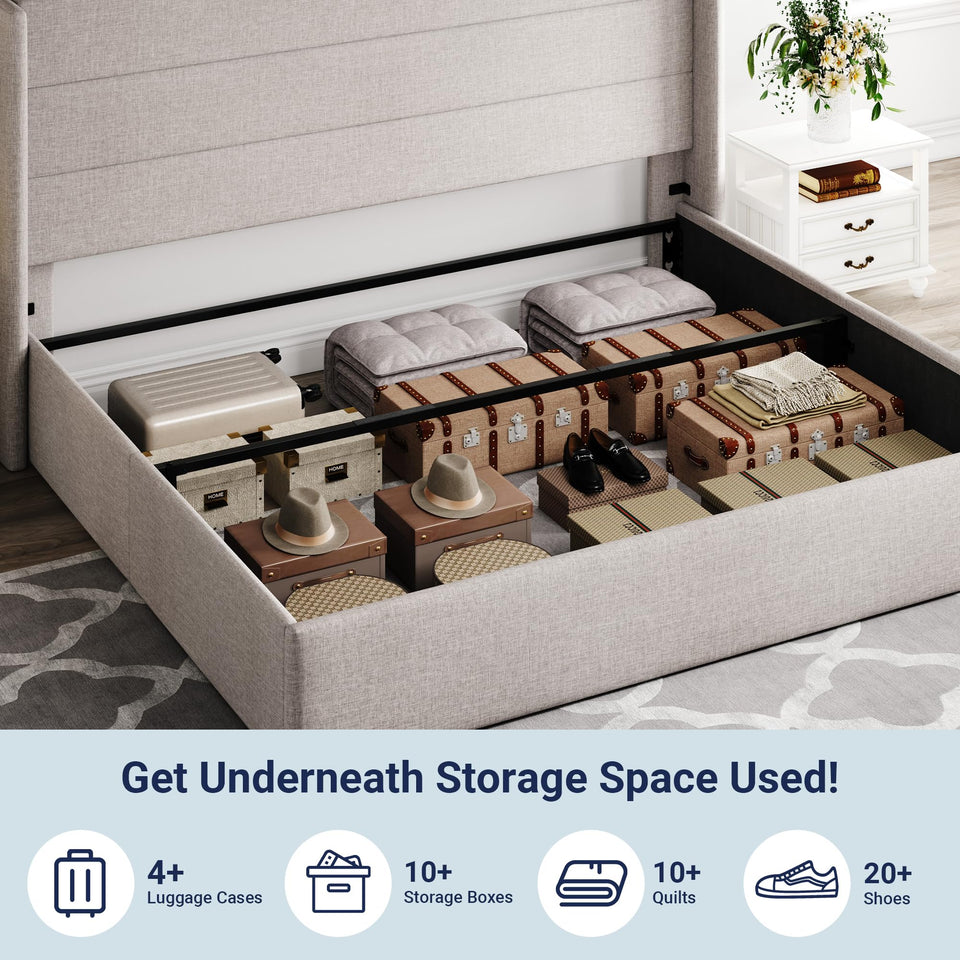 Allewie King Size Lift Up Storage Bed, Modern Wingback Headboard, Hydraulic Support, No Box Spring Needed, Light Beige