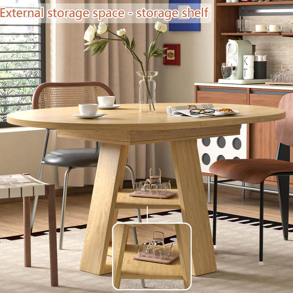 43.3in-59in Extendable Round Dining Table for 4-8,Modern Kitchen Oval Dining Table with Removable Leaves Space Saving,Wood Base with Storage Shelf for Kitchen Living Room (Walnut)