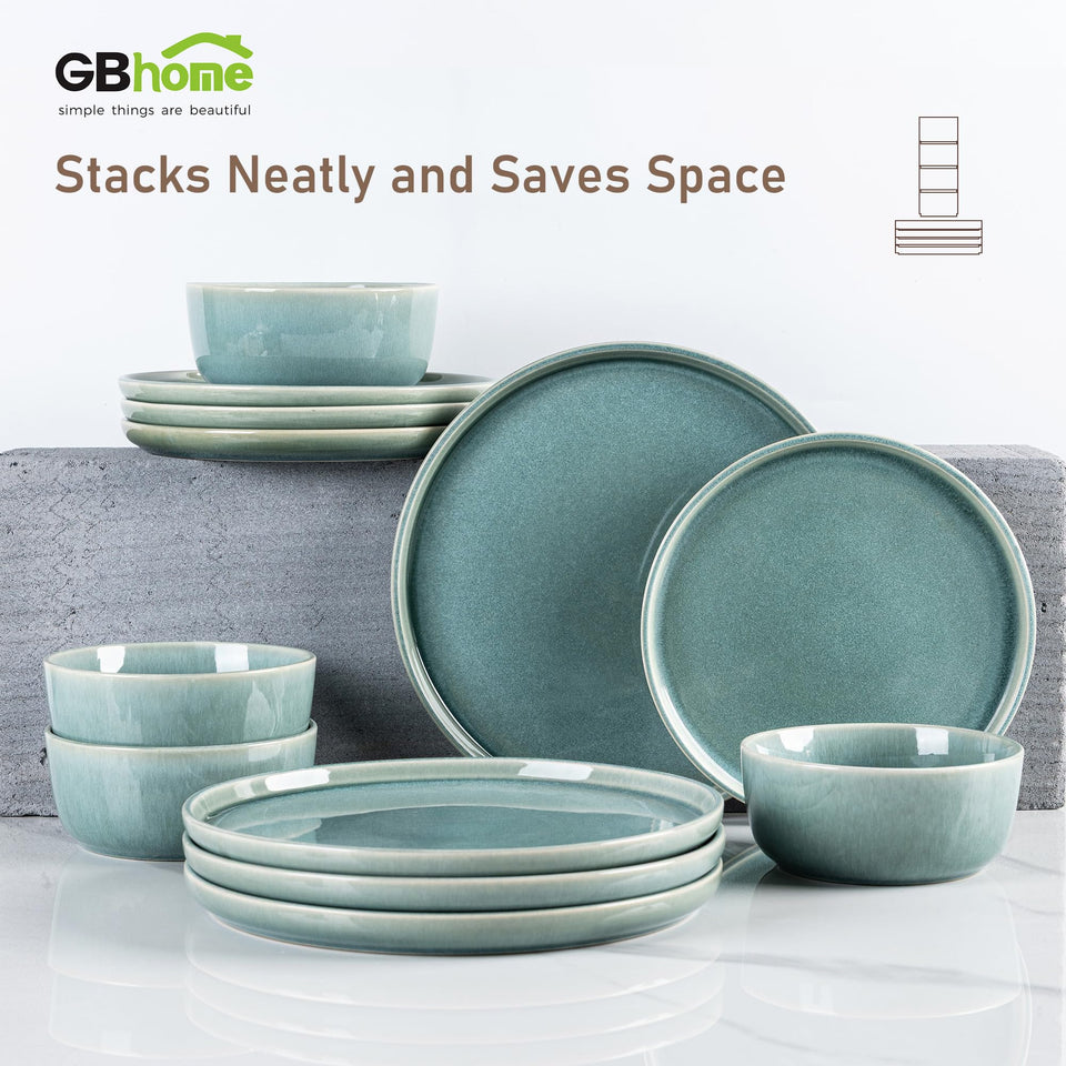 GBHOME Ceramic Dinnerware Sets for 8, 24 Pieces Stoneware Plates and Bowls Sets, Scratch Resistant Dishes, Dishwasher & Microwave Safe, Reactive Glaze-Green Wheat