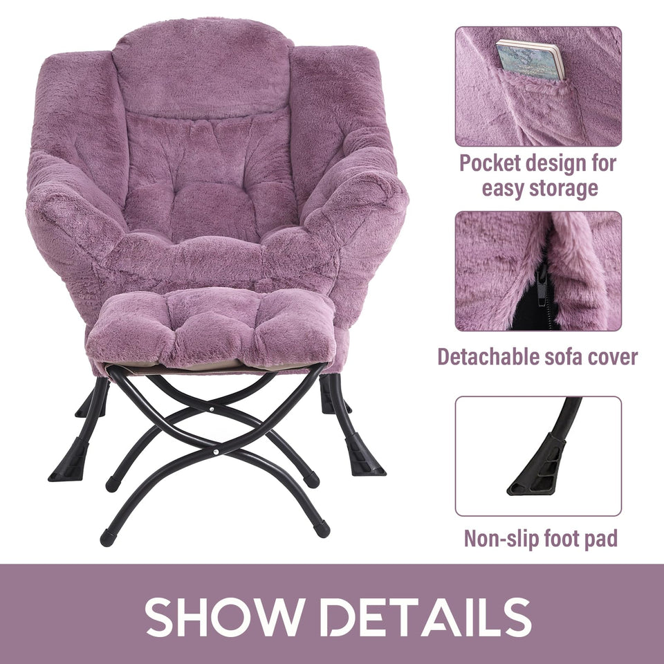 LITA Lazy Chair with Ottoman, Modern Accent Leisure Upholstered Lazy Sofa Armchair, Contemporary Lounge Reading Chair with Armrests and a Side Pocket for Living Room, Bedroom & Small Space, Dark Grey