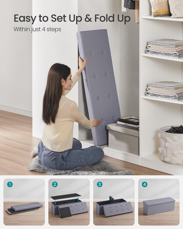 SONGMICS MAZIE Collection - 43 Inches Folding Storage Ottoman Bench, Ottoman with Storage, Foot Rest Stool, Load 660 lb, for Living Room, Synthetic Leather, Black ULSF701