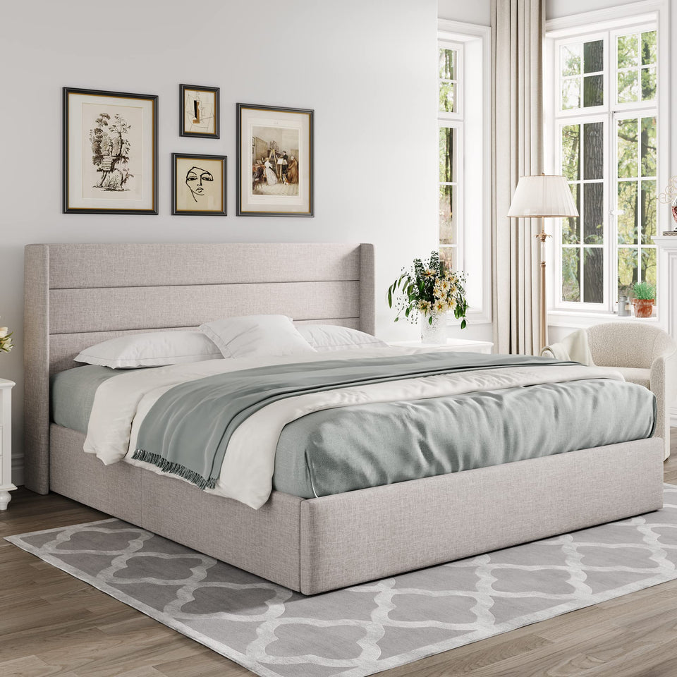 Allewie King Size Lift Up Storage Bed, Modern Wingback Headboard, Hydraulic Support, No Box Spring Needed, Light Beige