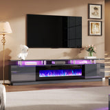 AMERLIFE Fireplace TV Stand with 36" Fireplace, 70" Modern High Gloss Fireplace Entertainment Center LED Lights, 2 Tier TV Console Cabinet for TVs Up to 80", Obsidian Black