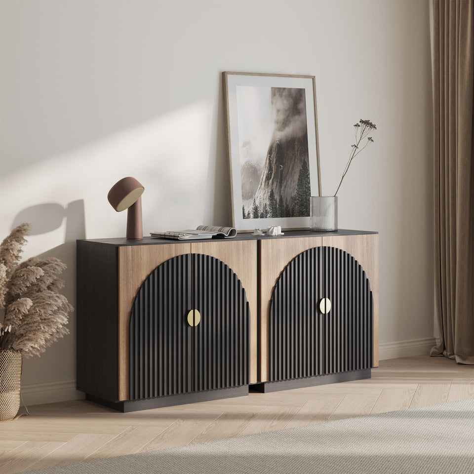 BELLEZE 65 Inch Fluted Buffet Cabinet with Storage, Symmetrical Arc Accent Sideboard Large Console Table for Dining Room, Kitchen, and Living Room (Caramel Brown)