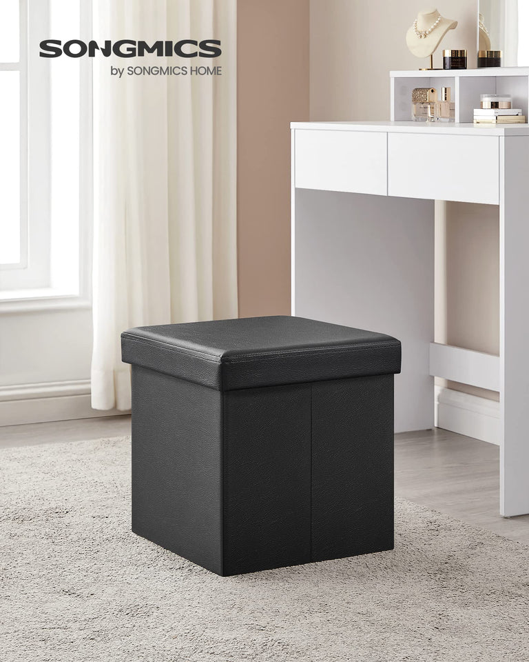 SONGMICS MAZIE Collection - 43 Inches Folding Storage Ottoman Bench, Ottoman with Storage, Foot Rest Stool, Load 660 lb, for Living Room, Synthetic Leather, Black ULSF701