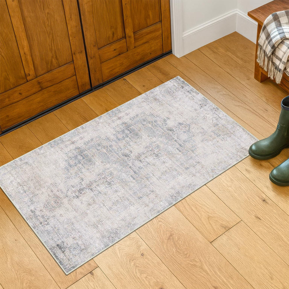 Neutral Living Room Rug - 10x14 Farmhouse Beige Brown Large Area Rug for Dining Room, Bedroom, Low Pile Lightweight Washable