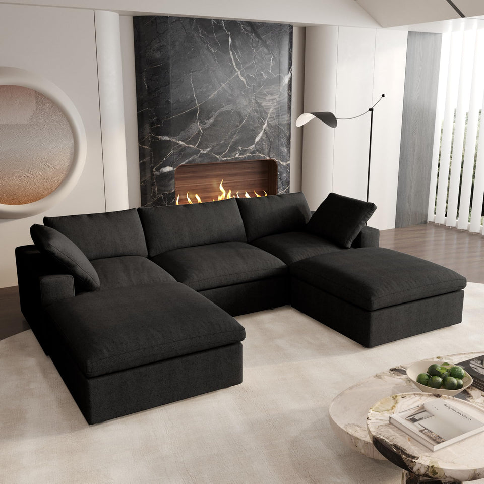 160.6" Cloud Couch Modular Sectional Sofa for Livingroom,Oversized Convertible Sofa with Storage Ottomans,6 Seat Wide Couches,Cushion Covers Removable (Khaki, 6 Seater)