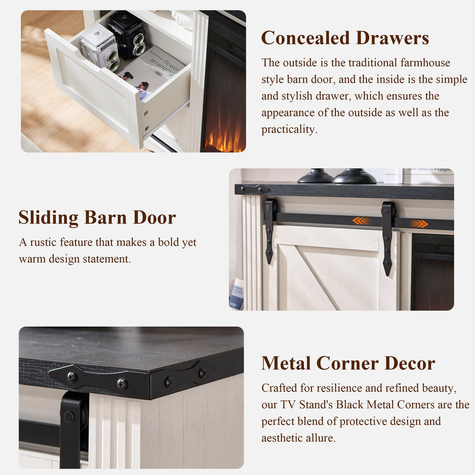 JXQTLINGMU Farmhouse TV Stand for 75+ Inch TV, 32" Tall Entertainment Center w/4 Drawers & Sliding Barn Door, Rustic Media Console w/Storage Shelves, 66" Wood Television Stand for Living Room, Brown