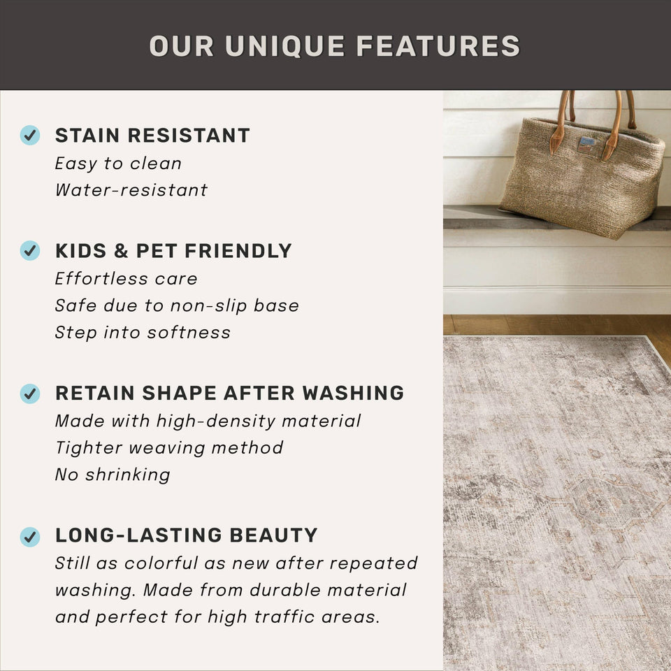 Neutral Living Room Rug - 10x14 Farmhouse Beige Brown Large Area Rug for Dining Room, Bedroom, Low Pile Lightweight Washable