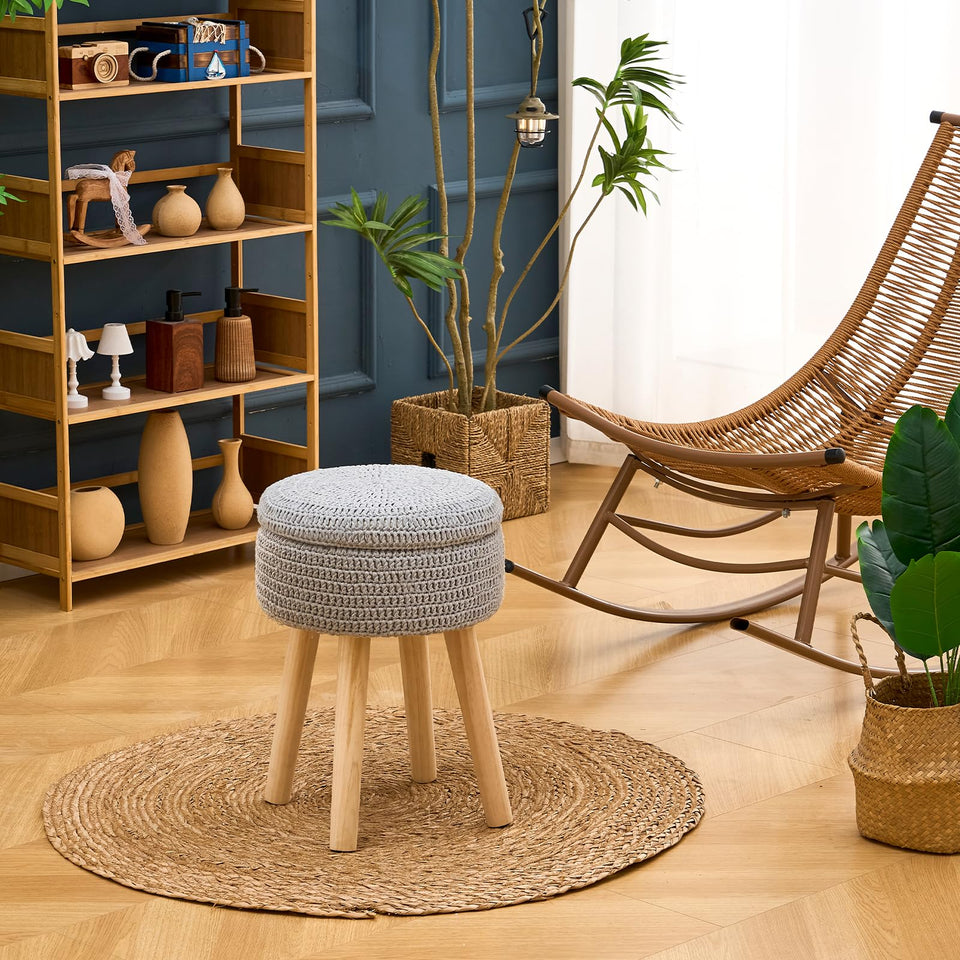 Wimarsbon Pouf Ottoman, 100% Cotton Knitted Boho Footstool, Round Footrest with Non-Skid Wood Legs, Home Décor Handmade Pouffe, Leisure Floor Step Stool for Living Room (Beige)