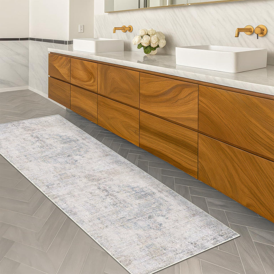 Neutral Living Room Rug - 10x14 Farmhouse Beige Brown Large Area Rug for Dining Room, Bedroom, Low Pile Lightweight Washable