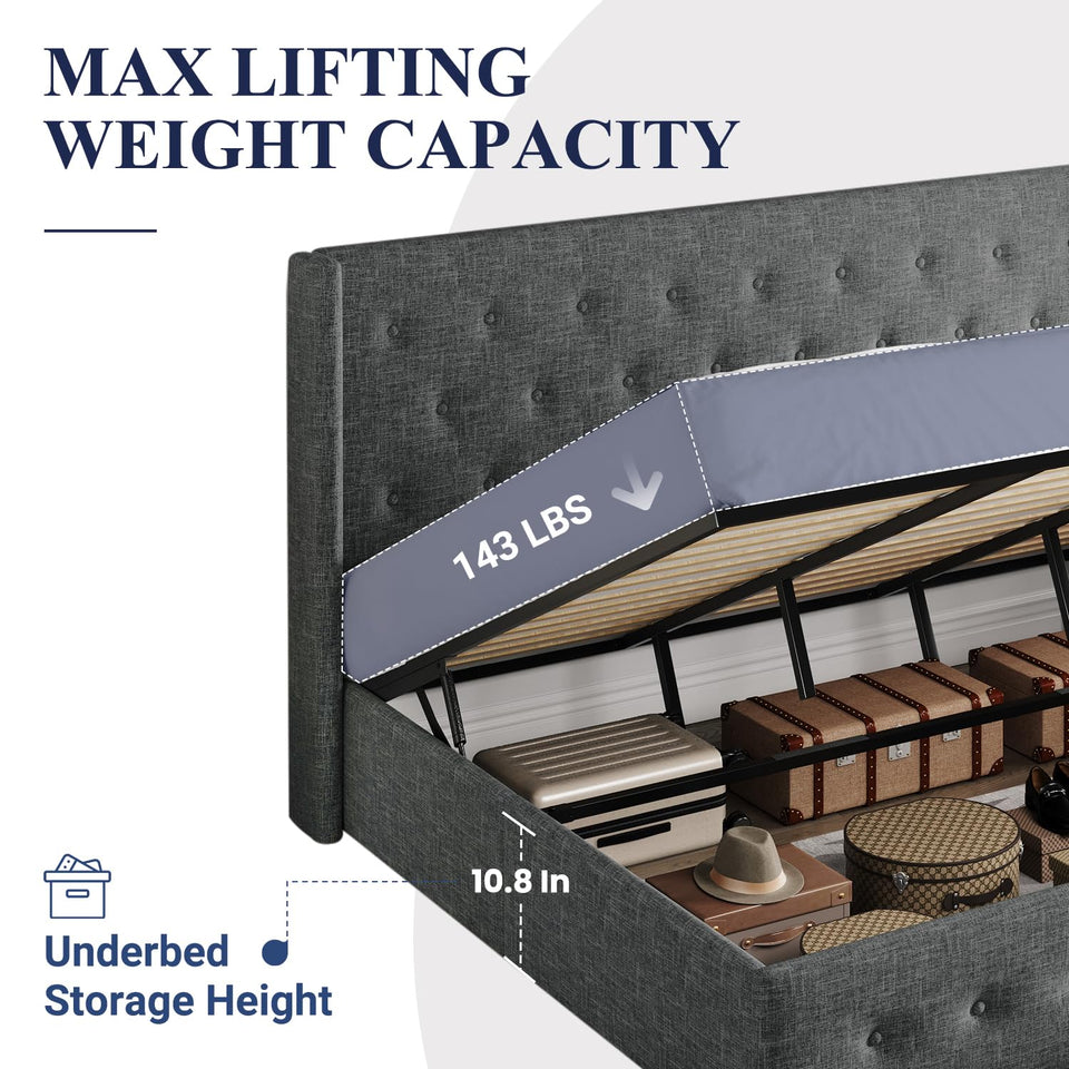 Allewie King Size Lift Up Storage Bed, Modern Wingback Headboard, Hydraulic Support, No Box Spring Needed, Light Beige