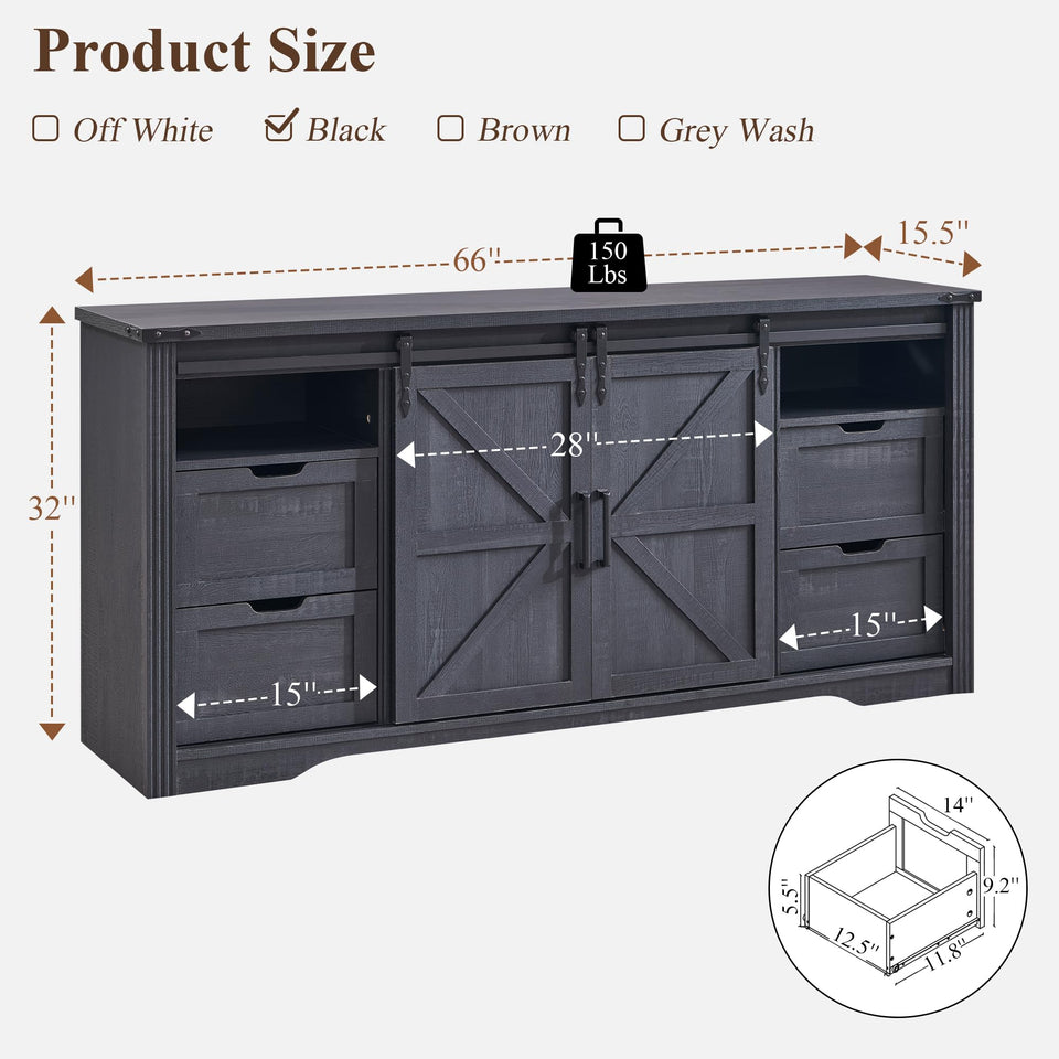 JXQTLINGMU Farmhouse TV Stand for 75+ Inch TV, 32" Tall Entertainment Center w/4 Drawers & Sliding Barn Door, Rustic Media Console w/Storage Shelves, 66" Wood Television Stand for Living Room, Brown