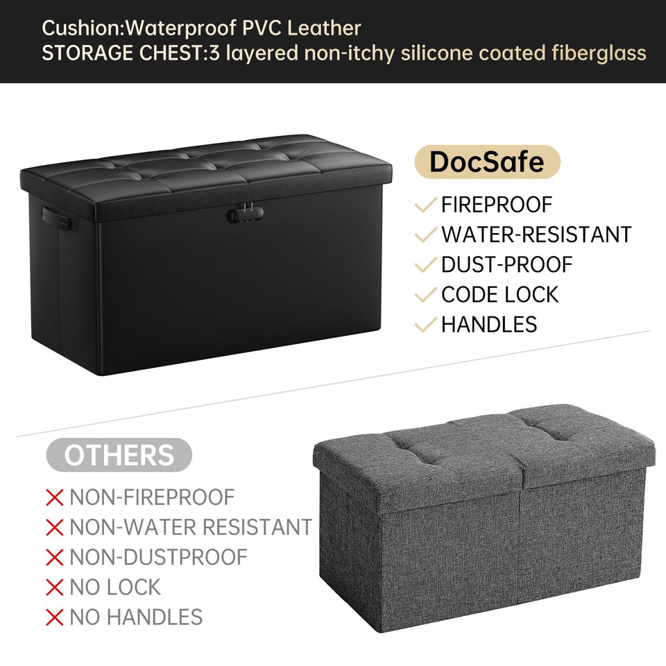 DocSafe Storage Ottoman with Lock,Fireproof Folding Ottoman Foot Rest Stool Storage Chest with Storage Safe for Important Documents,Waterproof 17 Inches Short Ottoman Foot Stool with Handles,Black