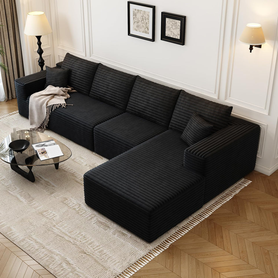 135.4" Cloud Modular Sectional Couch with 1 Ottoman,Modern Minimalist Upholstered Couches, Comfort U Shaped Sofa for Living Room,Deep Seat Corner Couch，No Assembly Required (Black,Left Facing Chaise)