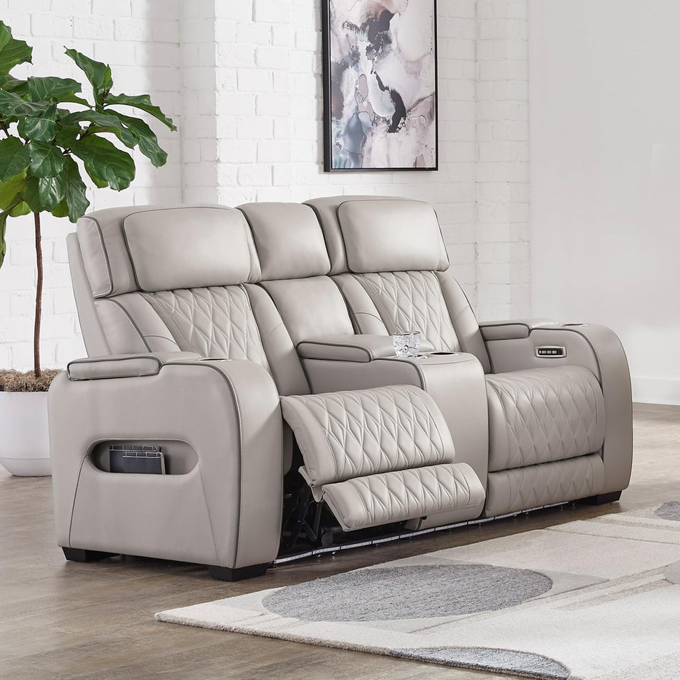 Signature Design by Ashley Boyington Contemporary Leather Match Power Reclining Sofa with USB Charging Ports, LED Lights and Adjustable Headrest, Light Gray