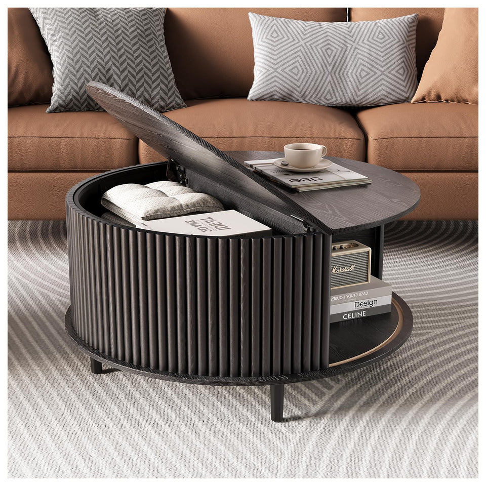 JOINICE, Round Coffee Table with Storage, Mid Century Modern Center Table with Sliding Cabinet Door, Fluted Dining Table for Living Room, Home Small Space, 31.5", Walnut