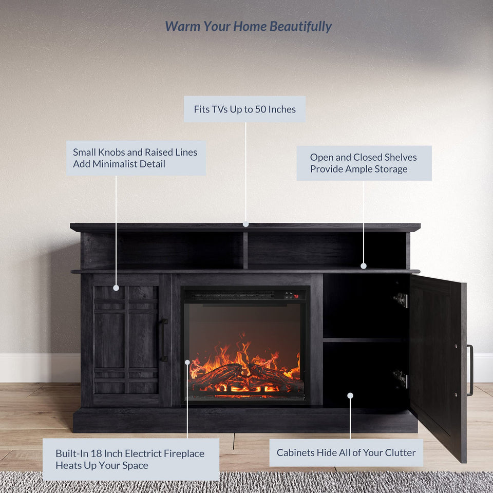 BELLEZE Traditional 58" Rustic TV Stand with 23" Electric Fireplace Heater with Sound, Media Entertainment Center Console Table for TV up to 65" with Open Storage Shelves and Cabinets - Espresso