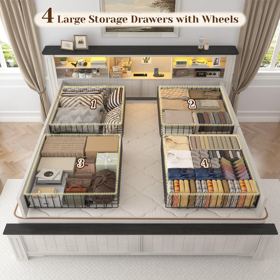 EnHomee King Size Bed Frame and Headboard & Storage, 4 Drawers and LED Built in Charging Station King Bed Frame with Storage Farmhouse,NO Noise,No Box Spring Needed,White