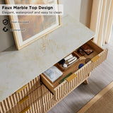 T4TREAM Fluted 7 Drawers Dresser, 54" Wide Modern Chest of Drawers with Faux Marble Top, Curved Profile Design, Dresser TV Stand, Wood Drawer Organizer for Bedroom, Living Room, Hallway, Natural Oak