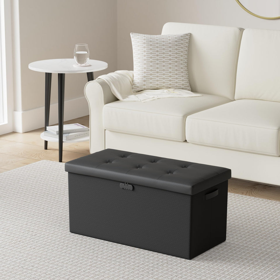 DocSafe Storage Ottoman with Lock,Fireproof Folding Ottoman Foot Rest Stool Storage Chest with Storage Safe for Important Documents,Waterproof 17 Inches Short Ottoman Foot Stool with Handles,Black