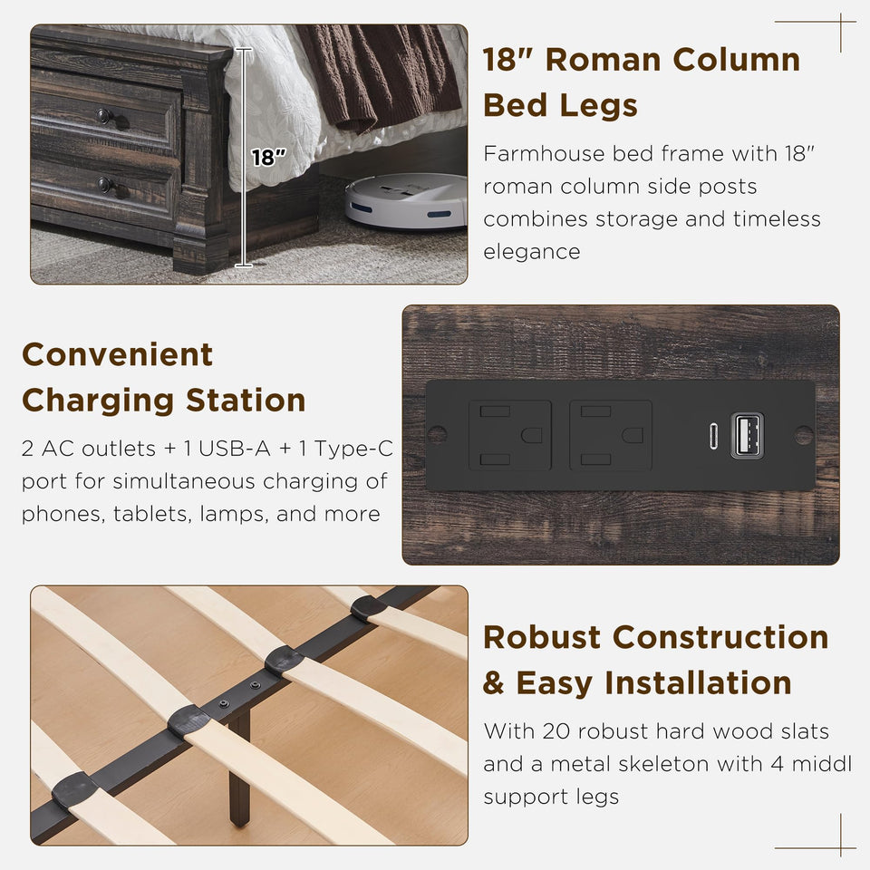 Farmhouse King Size Bed Frame with 54" Tall Storage Bookcase Headboard, Wood Platform Bed Frame with 2 Drawers & 18" Tall Roman Column Decoration Footboard, No Box Spring Needed(Antique White)