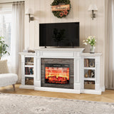 80" Fireplace TV Stand for TVs Up to 90 Inch, Electric Fireplace with Mantel, Farmhouse Entertainment Center with Storage, Realistic Stacked Stone Surround with Remote Control for Living Room