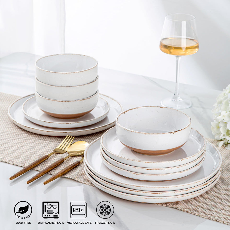 AmorArc Ceramic Dinnerware Sets for 8, 24 Pieces Handpainted Plates and Bowls Set with Rustic Terracotta Underside, Scratch Resistant Stoneware Dishes Set, Dishwasher & Microwave Safe, Light Beige