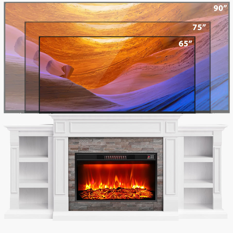 80" Fireplace TV Stand for TVs Up to 90 Inch, Electric Fireplace with Mantel, Farmhouse Entertainment Center with Storage, Realistic Stacked Stone Surround with Remote Control for Living Room
