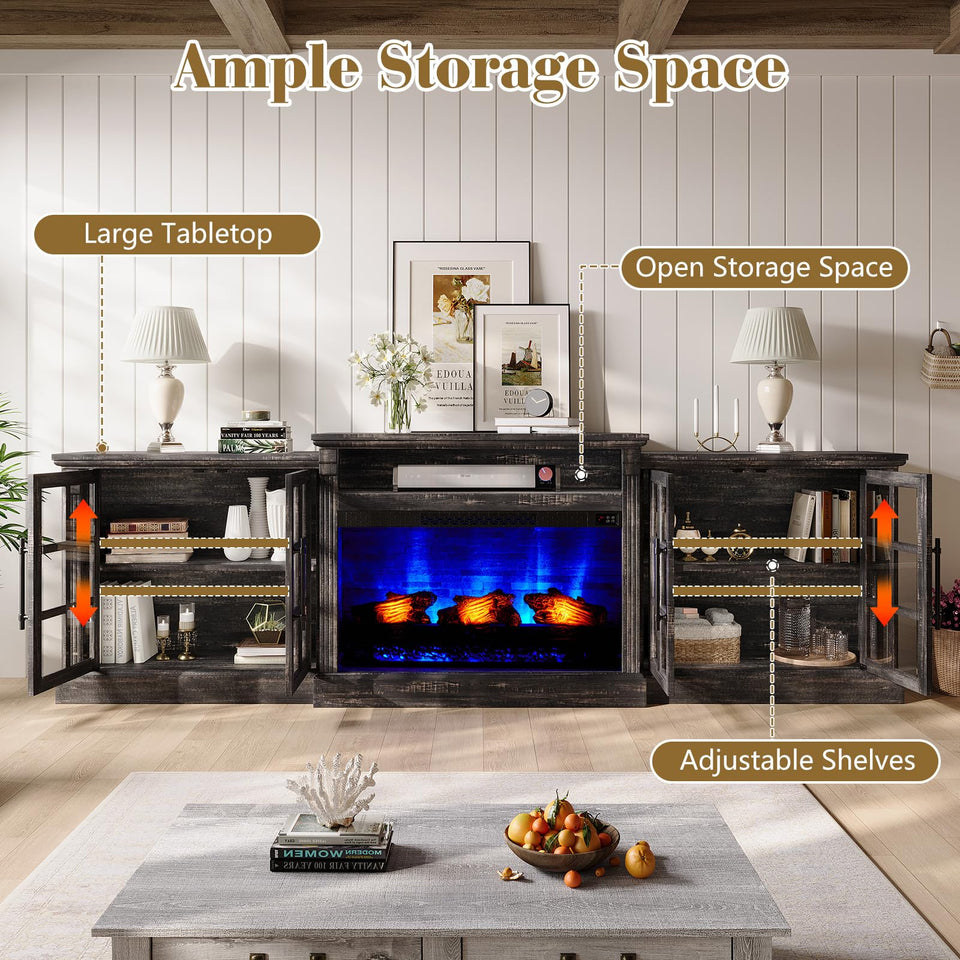 LUXOAK 97" Farmhouse TV Stand with 33" Fireplace for TVs up to 100", Media Entertainment Center with Large Storage Cabinet and Adjustable Shelves for Living Room, White/Barnwood