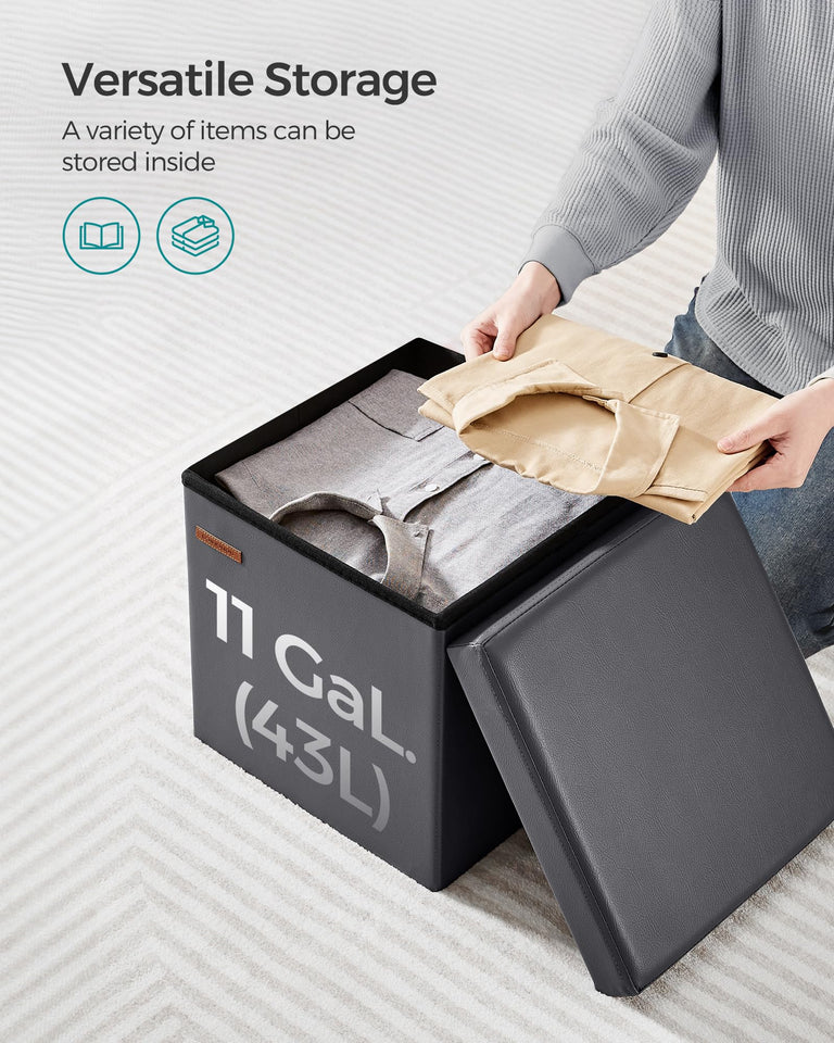 SONGMICS MAZIE Collection - 43 Inches Folding Storage Ottoman Bench, Ottoman with Storage, Foot Rest Stool, Load 660 lb, for Living Room, Synthetic Leather, Black ULSF701