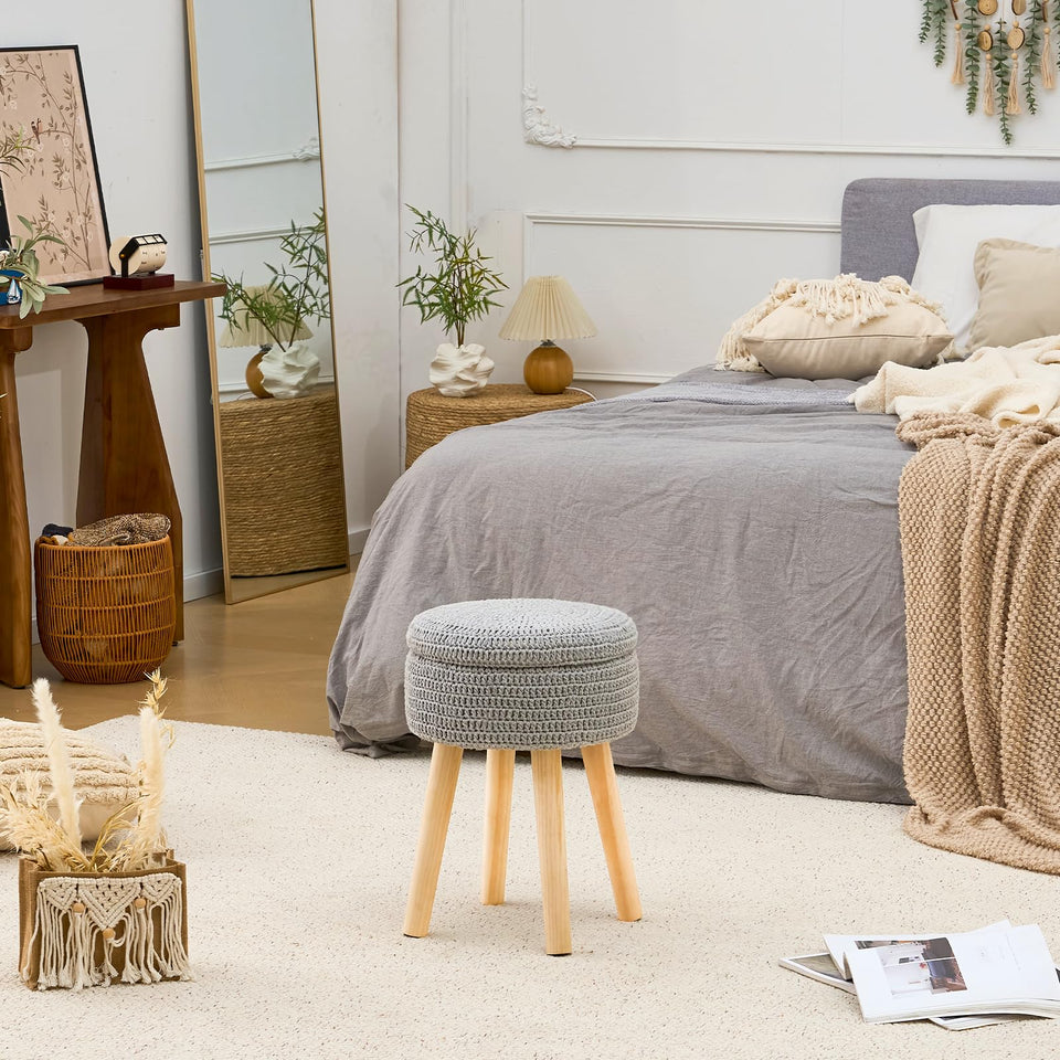 Wimarsbon Pouf Ottoman, 100% Cotton Knitted Boho Footstool, Round Footrest with Non-Skid Wood Legs, Home Décor Handmade Pouffe, Leisure Floor Step Stool for Living Room (Beige)