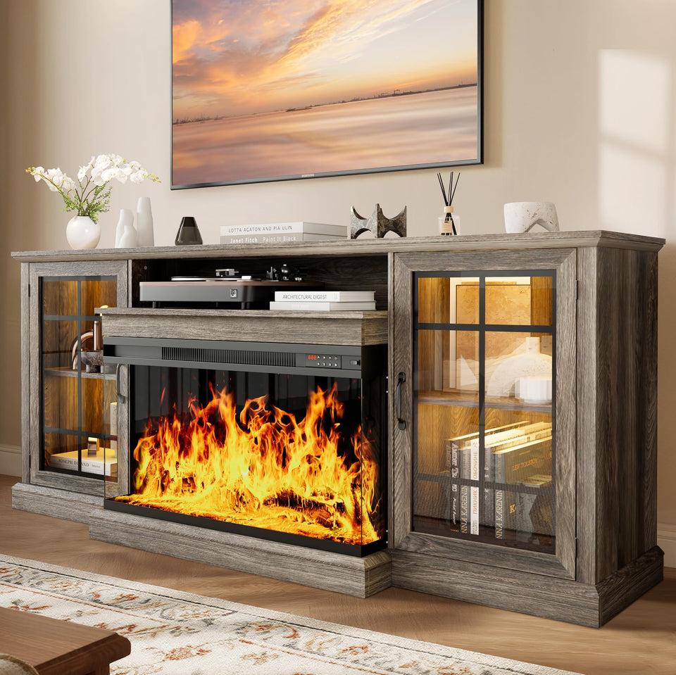 oneinmil 36 Inch 3-Sided Glass Fireplace TV Stand for TVs up to 80", Rustic Media Entertainment Center Console Table with Glass Door Closed Storage, Set of TV Table, White