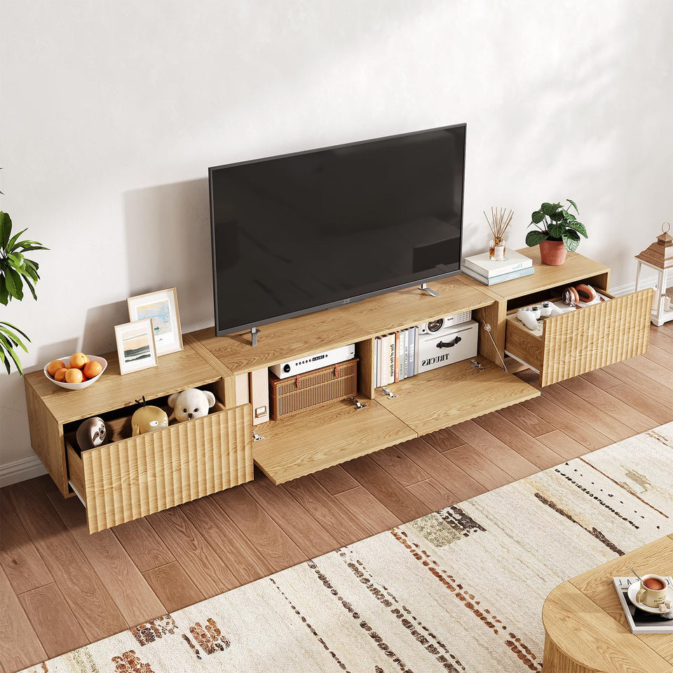 UKAOCAI 86.61'' Tambour TV Stand for 55-85 Inch, Modern Entertainment Center with Large Storage Cabinet & Open Shelves, TV Console with Sliding Doors for Living Room, Bedroom, Natural