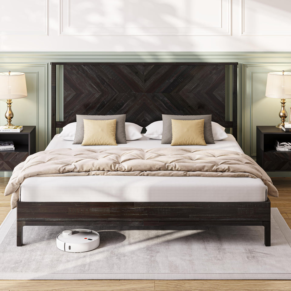 Bme Vivian 14 Inch Deluxe Bed Frame with Headboard, Rustic & Scandinavian Style with Solid Acacia Wood, No Box Spring Needed, 12 Strong Wood Slat Support, Easy Assembly, King, Rustic Golden Brown