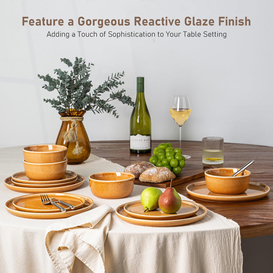 GBHOME Ceramic Dinnerware Sets for 8, 24 Pieces Stoneware Plates and Bowls Sets, Scratch Resistant Dishes, Dishwasher & Microwave Safe, Reactive Glaze-Green Wheat