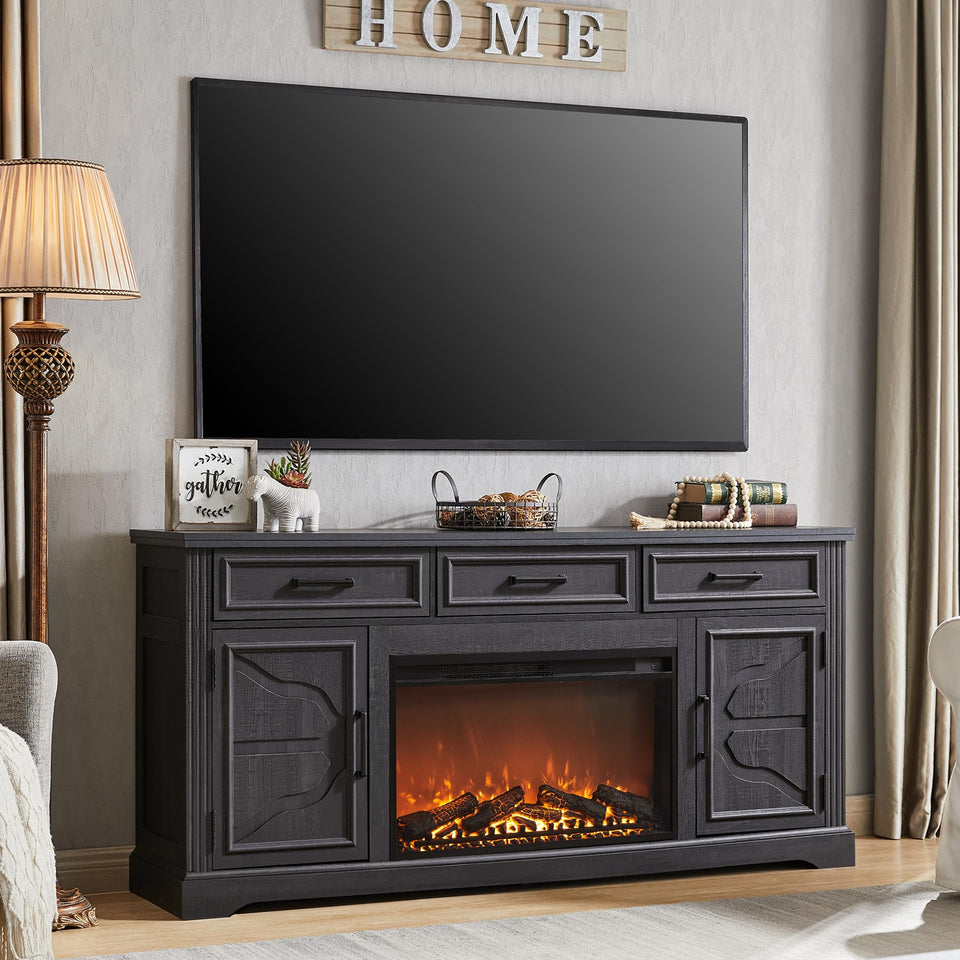JXQTLINGMU Farmhouse Fireplace TV Stand for Up to 80 Inch TV, Entertainment Center with 30" Electric Fireplace for 65 75 Inch TV, 70" TV Stand with Storage Cabinet Drawer for Living Room (Off White)