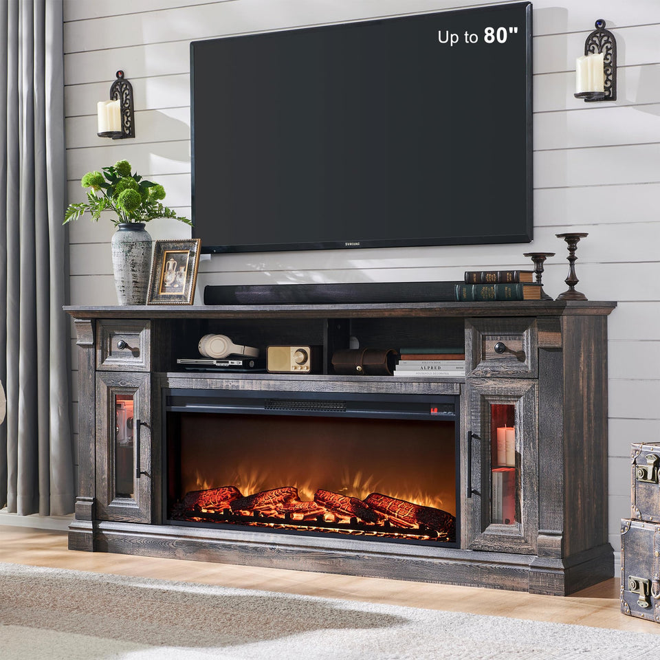 OKD Fireplace TV Stand for 80 Inch TV - Farmhouse Entertainment Center with 42" Electric Fireplace & LED Lights, Wood Media Console with Storage Drawers & Cabinets for Living Room, Antique White