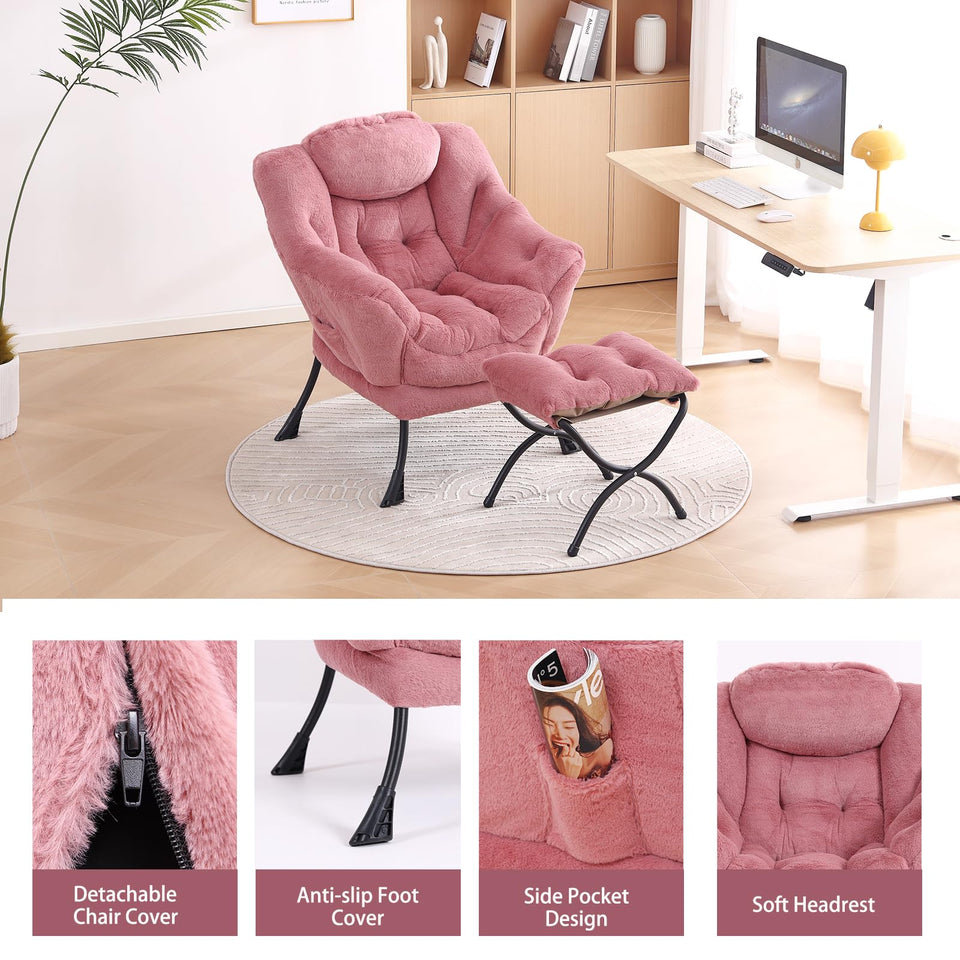 LITA Lazy Chair with Ottoman, Modern Accent Leisure Upholstered Lazy Sofa Armchair, Contemporary Lounge Reading Chair with Armrests and a Side Pocket for Living Room, Bedroom & Small Space, Dark Grey