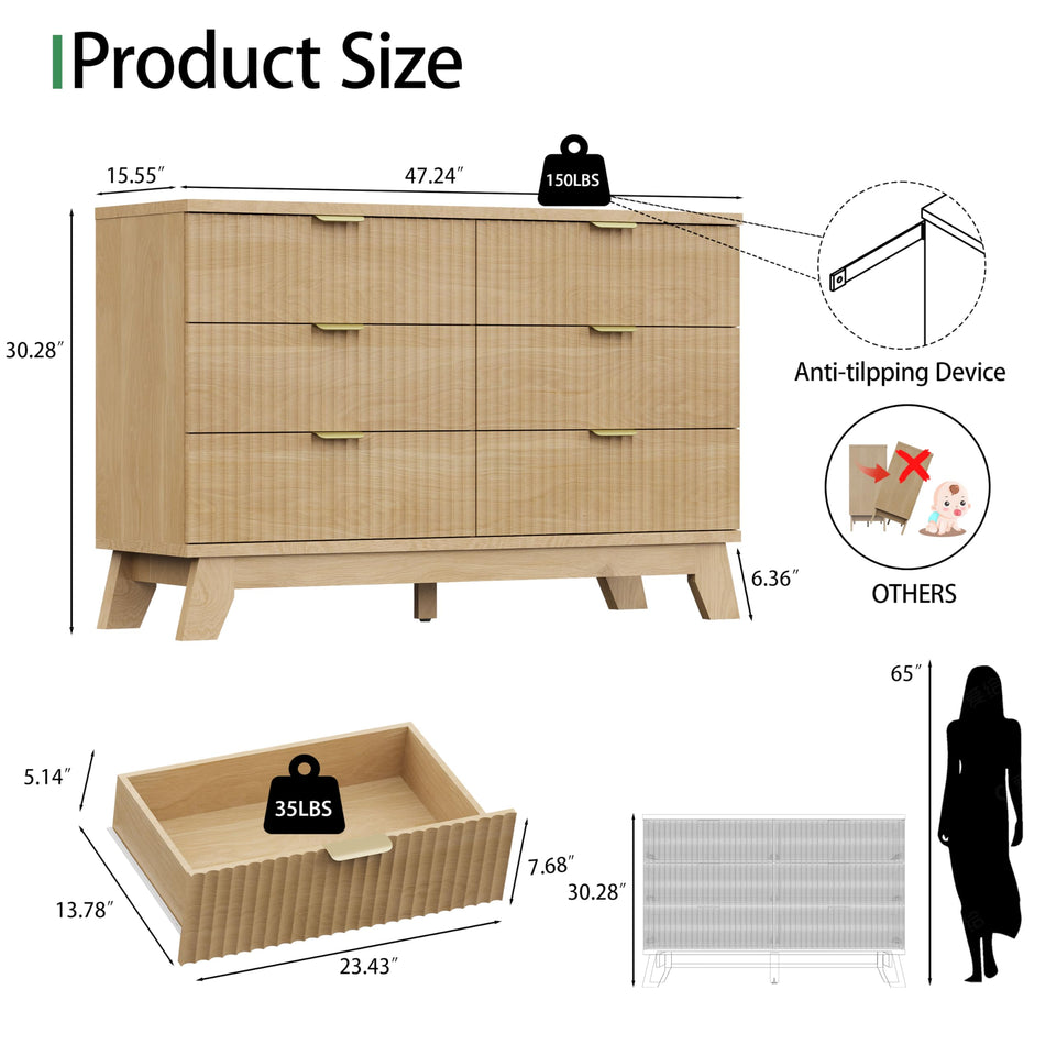 Fluted Dresser for Bedroom with 9 Drawers, 57" Wide Modern Chest of Drawers with Metal Handle, Wooden Dresser TV Stand, Wood Closet Clothes Storage Organizer for Living Room, Hallway, Natural Oak