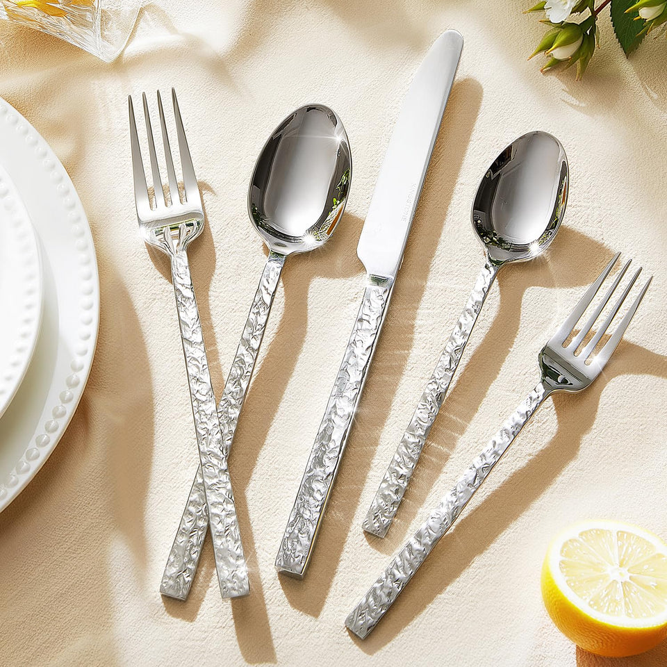 KINGSTONE 60 Pcs Black Hammered Silverware Set for 12, 18/10 Stainless Steel Heavy Duty Flatware Set, Tableware Cutlery Utensil Sets for Home Restaurant Dishwasher Safe