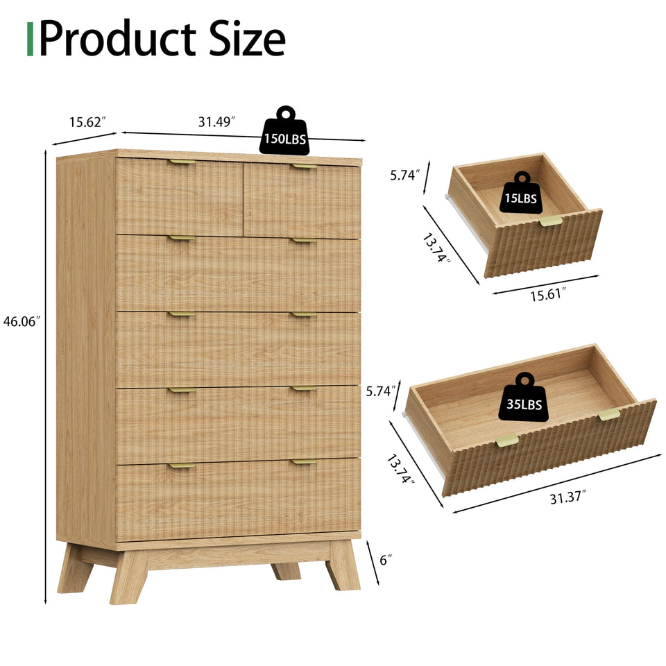 Fluted Dresser for Bedroom with 9 Drawers, 57" Wide Modern Chest of Drawers with Metal Handle, Wooden Dresser TV Stand, Wood Closet Clothes Storage Organizer for Living Room, Hallway, Natural Oak