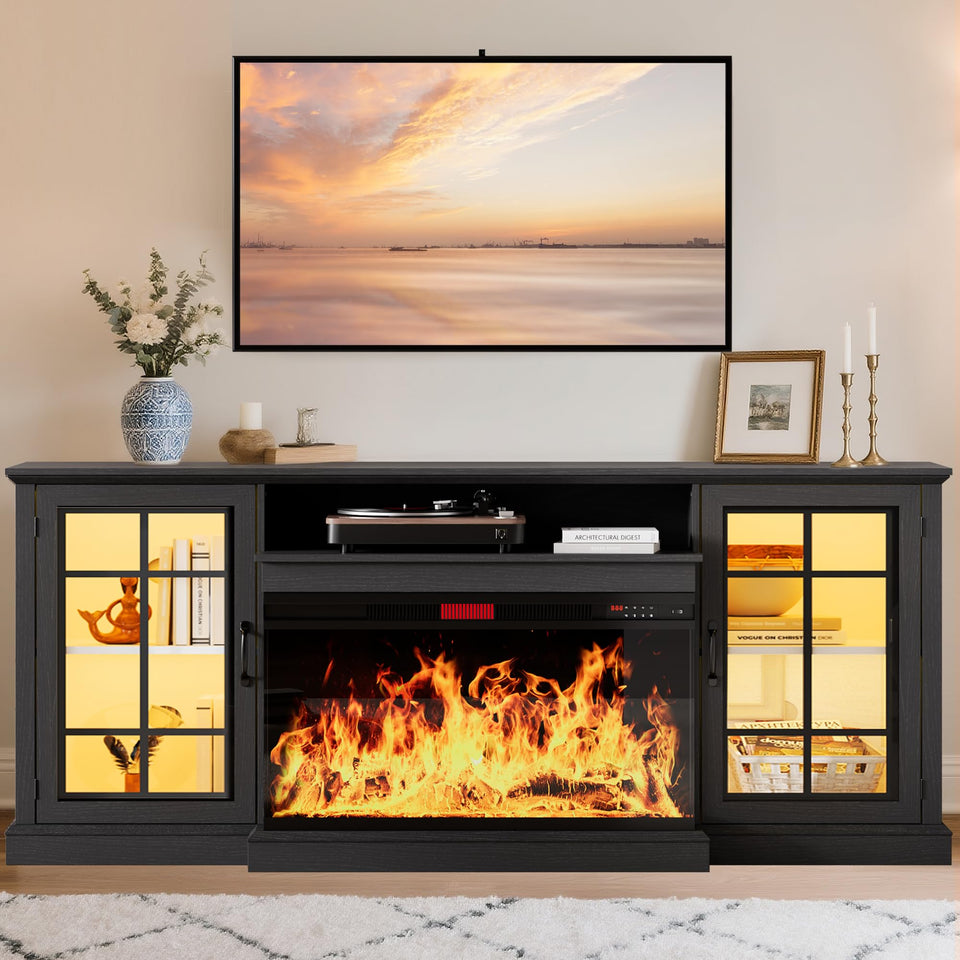 oneinmil 36 Inch 3-Sided Glass Fireplace TV Stand for TVs up to 80", Rustic Media Entertainment Center Console Table with Glass Door Closed Storage, Set of TV Table, White